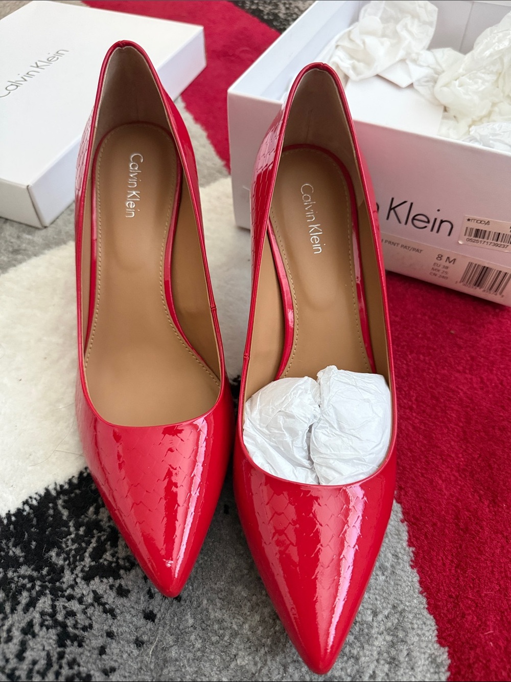 Calvin Klein Red Patent Pointed Toe Pumps - Glossy Finish
